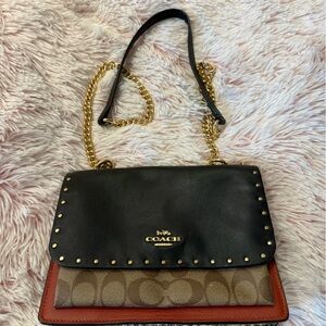 Coach Black and Tan Crossbody Bag with Gold Chain